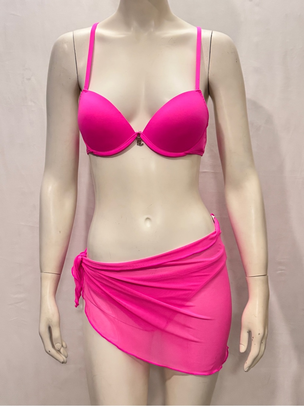 Juicy Couture Hot Pink Underwire Bikini Set with Mesh Sarong Coverup Size XS